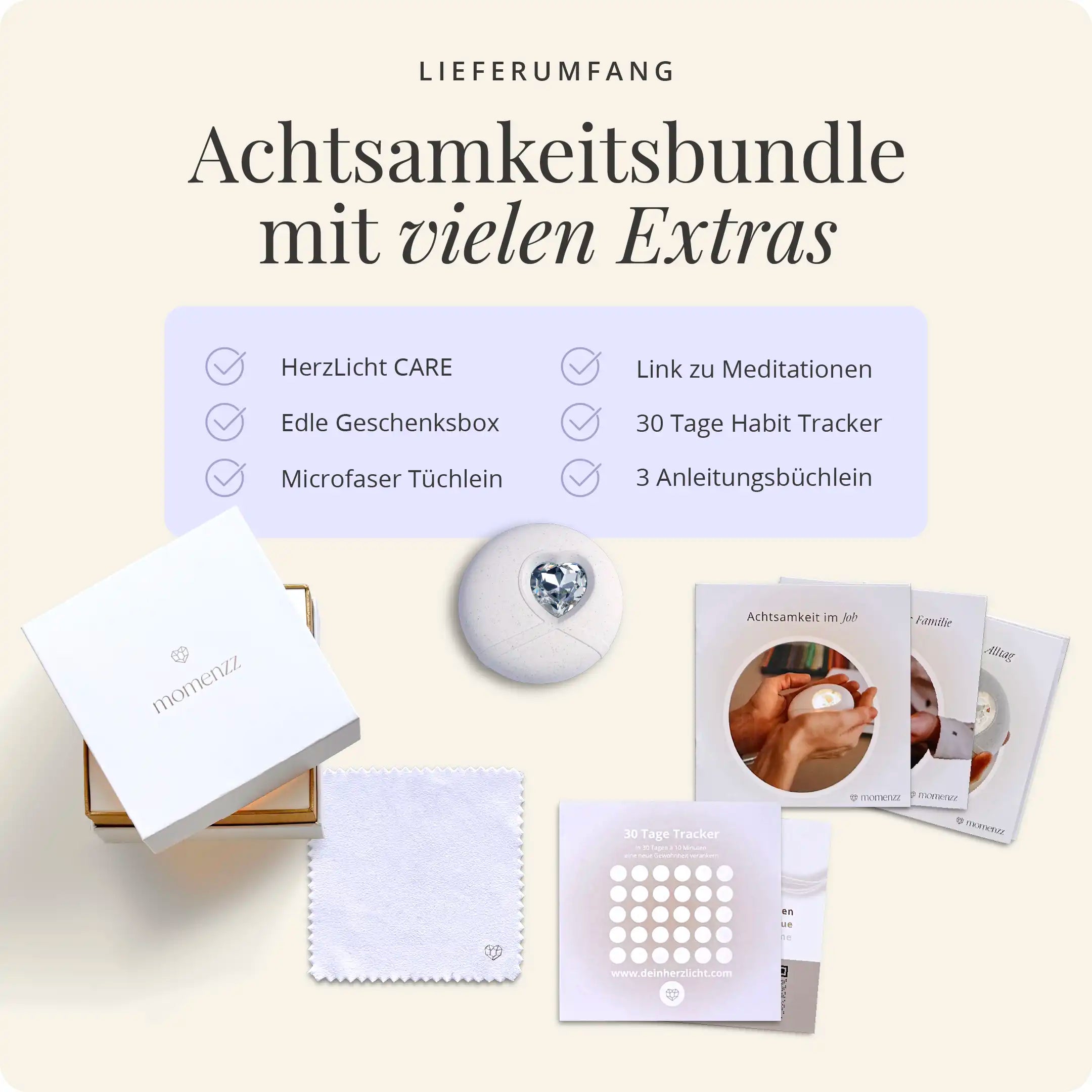 Das HerzLicht ist der neue Hometrainer für deinen Geist. Es hilft dir, in nur 10 Minuten täglich zu mehr Ruhe, Fokus und innerer Balance zu gelangen.